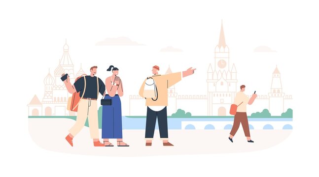 Tourists and tour guide during city excursion in Moscow. Couple visiting landmarks in travel, going sightseeing with local person. People on summer trip. Flat vector illustration isolated on white