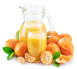 Orange tangerine fruits and fresh tangerine juice isolated on white background.