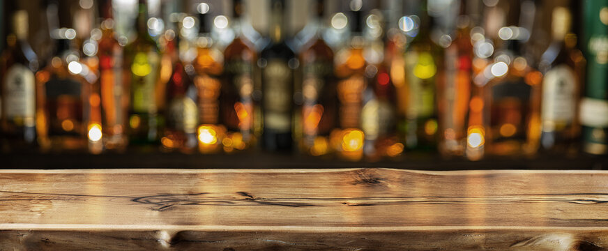 Wooden board and beautiful bokeh shelves with alcohol bottles at the background.