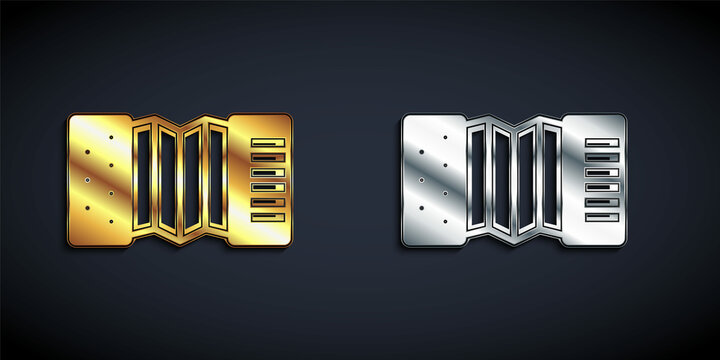 Gold and silver Musical instrument accordion icon isolated on black background. Classical bayan, harmonic. Long shadow style. Vector