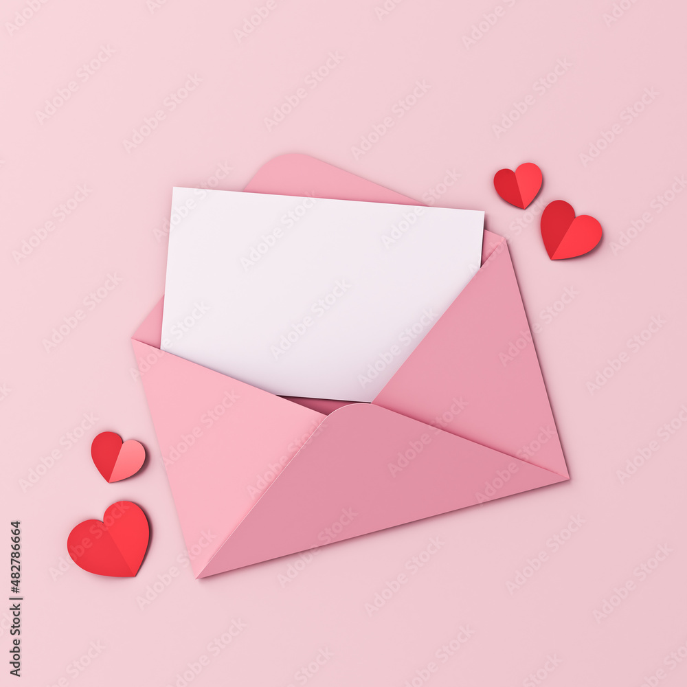 Poster blank white paper in pink envelope and red origami hearts isolated on pink pastel color background w
