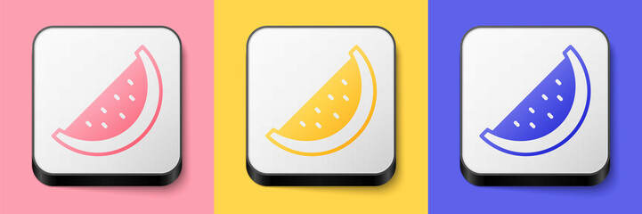 Isometric Watermelon icon isolated on pink, yellow and blue background. Square button. Vector