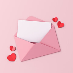 Blank white paper in pink envelope and red origami hearts isolated on pink pastel color background with shadows minimal conceptual for valentine's day 3D rendering