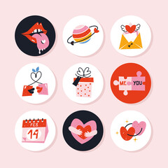 Set of cute vector love round stickers for daily diary and planner.Romantic doodle vector icons pack for decorating gift presents.Collection of scrapbooking design elements for valentines day