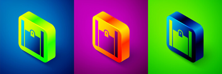 Isometric Paper shopping bag icon isolated on blue, purple and green background. Package sign. Square button. Vector