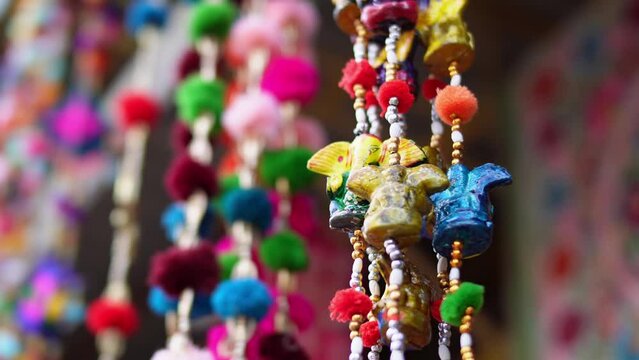Close up view of elephant ornament at decoration in blurry background. India tourism concept