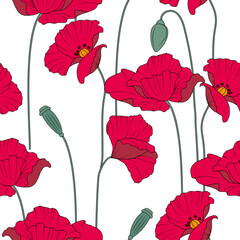 Floral seamless background. Red poppies on a white background.