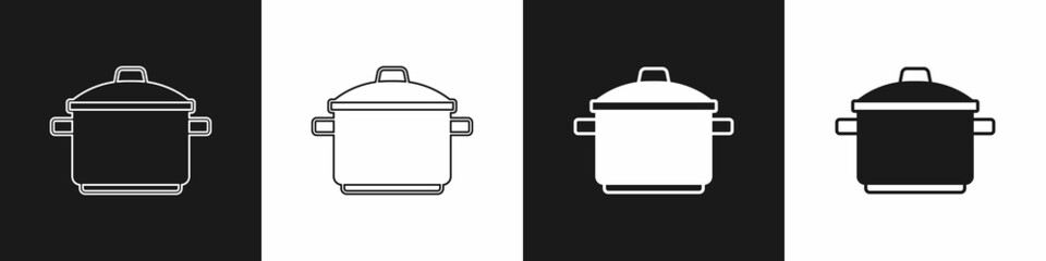 Set Cooking pot icon isolated on black and white background. Boil or stew food symbol. Vector
