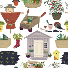 Seamless pattern with garden objects collection. Garden house, flower pots, garden cart, plants, birdhouses, scarecrow, basket. Spring gardening wallpaper. Vector illustration