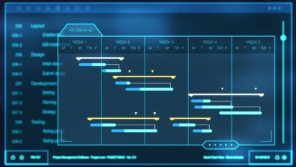 project management software, interface animation, gantt chart, concept of project planning, flashing lights on backgrounds (3d render)