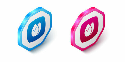 Obraz premium Isometric Leaf icon isolated on white background. Leaves sign. Fresh natural product symbol. Hexagon button. Vector