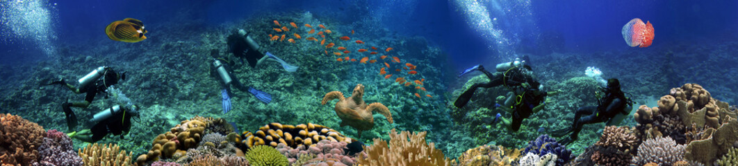 Coral reef underwater panorama with Group of scuba divers - 482789410