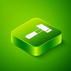 Obraz premium Isometric Hammer icon isolated on green background. Tool for repair. Green square button. Vector