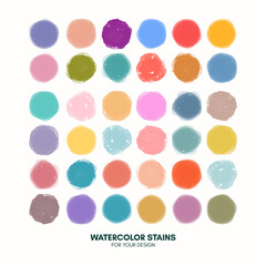 Set of colorful watercolor hand painted round shapes, stains, circles, blobs isolated on white. Illustration for artistic design