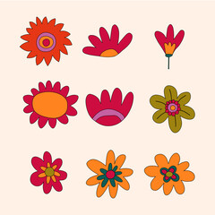 vector set collection of hippie flowers.Summer psychedelic plants in 70s and 80s style. Vibrant groovy and funky botanic.Kidcore rainbow tattoo stickers.Vintage warm cottagecore nostalgia