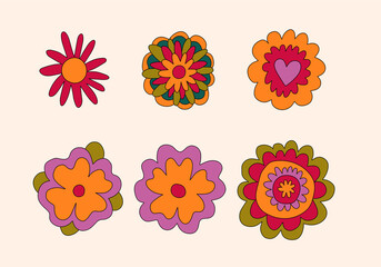 vector set collection of hippie flowers.Summer psychedelic plants in 70s and 80s style. Vibrant groovy and funky botanic.Kidcore rainbow tattoo stickers.Vintage warm cottagecore nostalgia