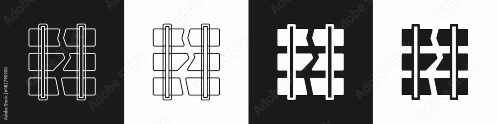Poster set broken or cracked rails on a railway icon isolated on black and white background. vector