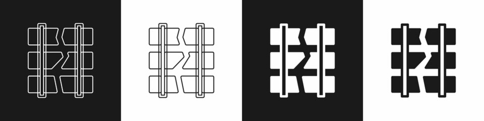 Set Broken or cracked rails on a railway icon isolated on black and white background. Vector
