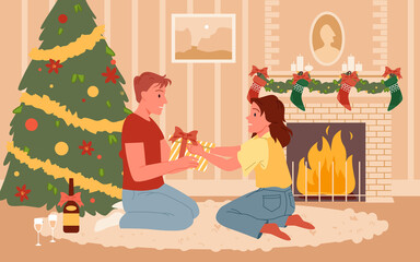 Christmas exchange gifts of happy family vector illustration. Cartoon man and woman sit on floor with present box near fireplace, people celebrate at home living room with festive fir tree background