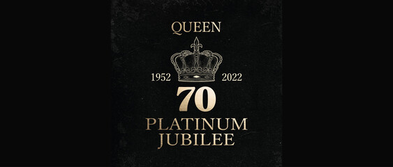 Banner design for the Queen's Platinum Jubilee celebration of 70 years as queen of the United Kindgdom. Gold type and crown on black textured background with empty space. - obrazy, fototapety, plakaty