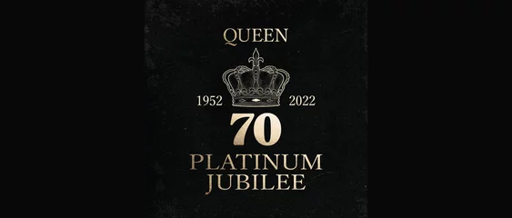Fotobehang Banner design for the Queen's Platinum Jubilee celebration of 70 years as queen of the United Kindgdom. Gold type and crown on black textured background with empty space. © Elmien