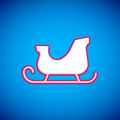 White Christmas santa claus sleigh icon isolated on blue background. Merry Christmas and Happy New Year. Vector