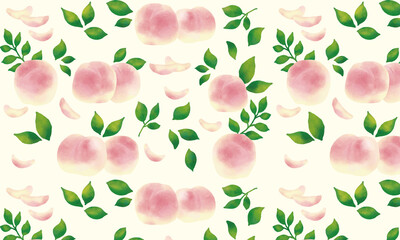 水彩タッチ　淡い桃色の桃と葉っぱパターン