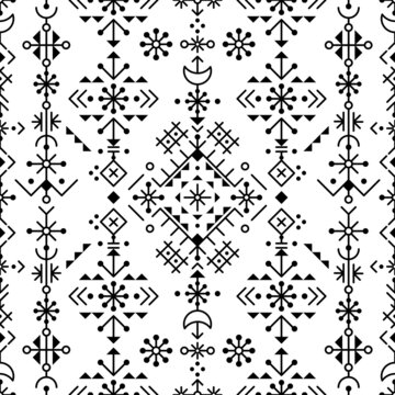 Nordic geometric tribal line art vector seamless patten, textile or fabric print design set inspired by Viking rune ornamnets from Iceland

