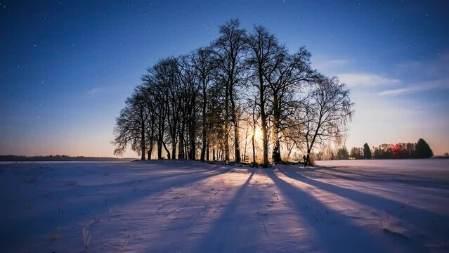 Winter night timelapse of moon shadows moving across the snowy meadow, cold winter night, 4k timelapse