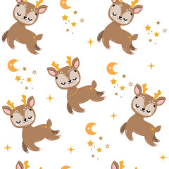 Cute baby deer, moon and star in boho style seamless pattern. Vector cartoon illustration. Nursery, greeting card, poster, baby shower, t-shirt design