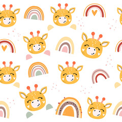 Süßer Giraffenkopf und nahtloses Regenbogenmuster im Boho-Stil. Vektor-Cartoon-Illustration. Kindergarten, Grußkarte, Poster, Babyparty