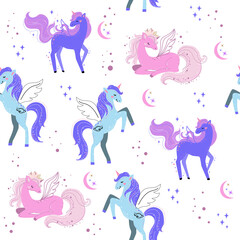 Cute unicorn and star seamless pattern. Vector illustration in boho style for t-shirt design, nursery for kids, pajamas print
