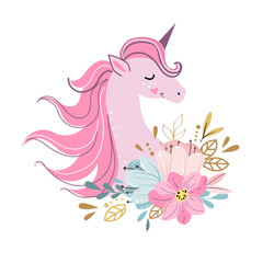 Cute unicorn head with flowers in boho style. Vector illustration isolated. Scandinavian design for t-shirt, nursery art