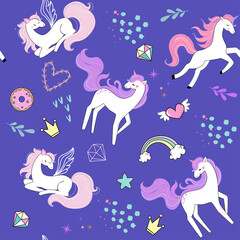 Cute unicorns and flowers seamless pattern. Vector illustration for t-shirt design, nursery for kids