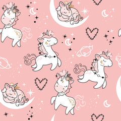 Cute unicorns, stars and moon on the pink background seamless pattern. Vector illustration in boho style