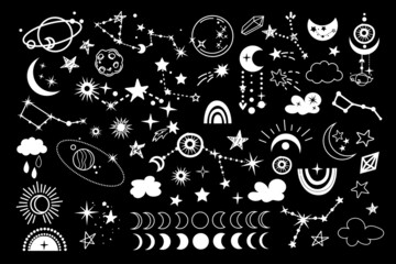Space, planets and stars collection isolated on a black background. Vector illustration