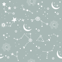 Star and moon in boho style seamless pattern. Starry sky. Vector  illustration