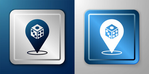 White Game dice icon isolated on blue and grey background. Casino gambling. Silver and blue square button. Vector