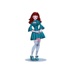 A girl with red hair and a green dress of green shoes and socks.