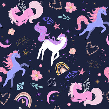 Cute unicorns, flowers and rainbow in boho style seamless pattern. Vector illustration for t-shirt design, nursery for kids