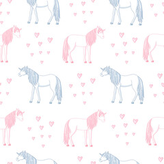 Seamless texture. Sleeping unicorns and hearts. For background, fabric, wallpaper, wrapping paper.