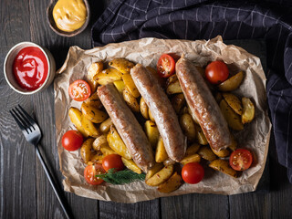 Roast catfish sausages with potatoes, tomatoes and ketchup on a black wooden background. Top view. 