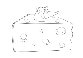 Cute mouse with a piece of cheese in line style. Food. Milk product. Coloring book. Vector illustration