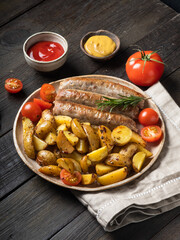 Baked sausages (kupaty), cooked of  catfish, with potatoes, tomatoes with mustard sauce and tomato sauce in a round plate on wooden table in rustic style.