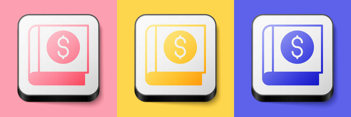 Isometric Financial book icon isolated on pink, yellow and blue background. Square button. Vector