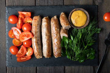 Fresh mouth-watering kupaty with tomatoes, herbs, mustard sauce on a dark background. 