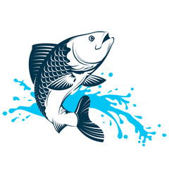 Fish and blue wave. Fish jumping over water. Sport fishing and sea food symbol