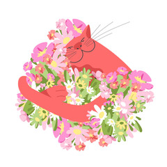 cat flowers. a cat with a bouquet of flowers. vector illustration of a pet
