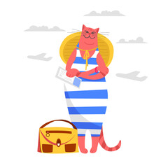 tourist cat. vector image of a cat in beach clothes. traveler with luggage