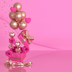 Banner, greeting card Happy Valentine's Day, all lovers, flying boxes with bows, heart, golden balloons, pink paper rose flowers, glitter tinsel, 3d rendering
